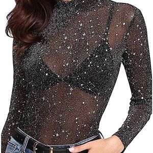 Mesh Long Sleeve Mock Neck Sparkle Top White Stars